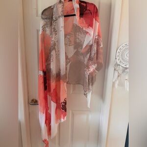 Lightweight Abstract Print Scarf in Coral, Taupe & White